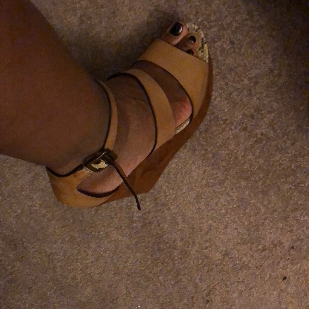 Tan strap wedge sandals